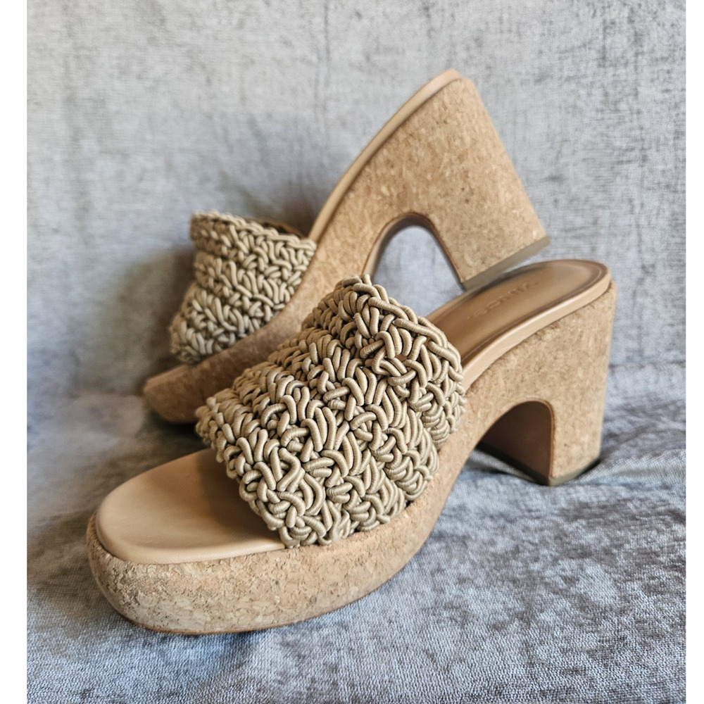 Vince Beige Crochet Slide Sandals Slip-On Block Heel Leather Insole US 8